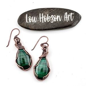 HANDMADE Malachite Copper Wire Wrapped Dangle Earrings, Artisan Jewelry Gift